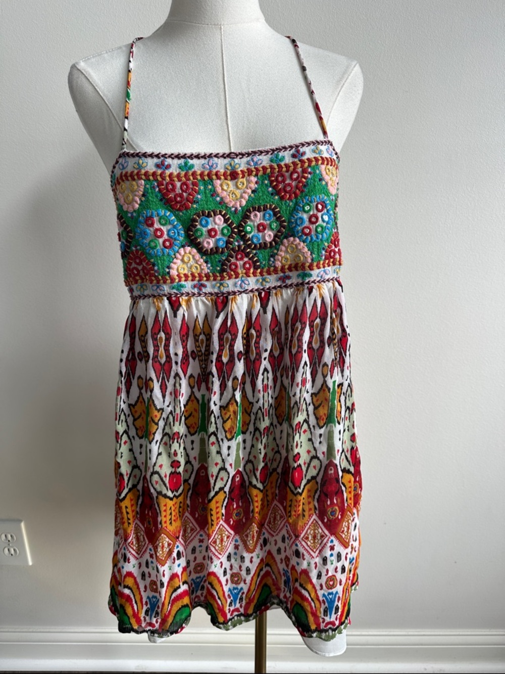 Zara‎ Women L Bold Embroidered Spaghetti Strap Mini Short Sundress Boho Hippie